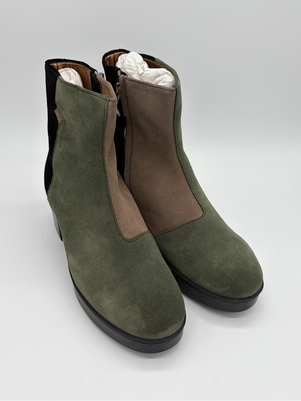 Women’s Green Suede Ankle Boots with Brown Panels Size 8